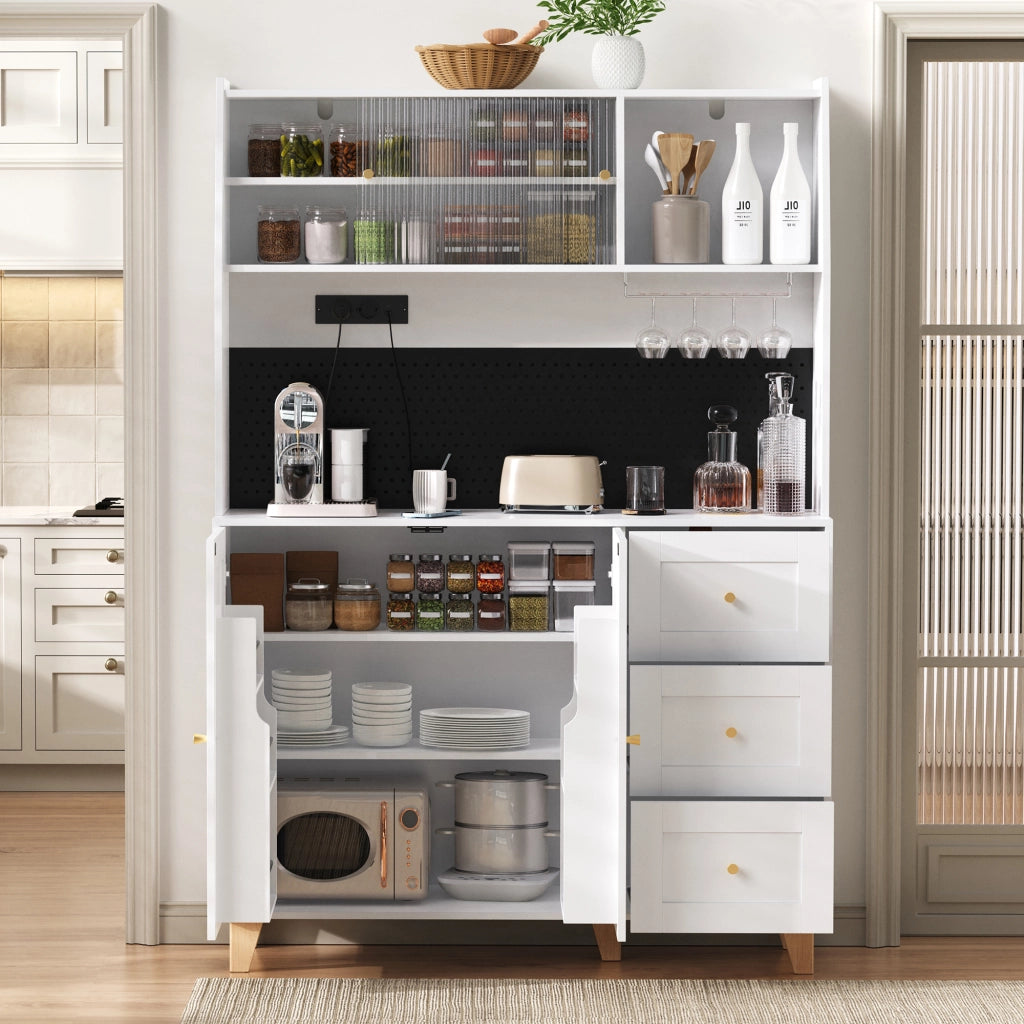 Armadio da cucina con prese e pannello forato - Zephmum -  Bianco - Ripiani per vino e cassetti