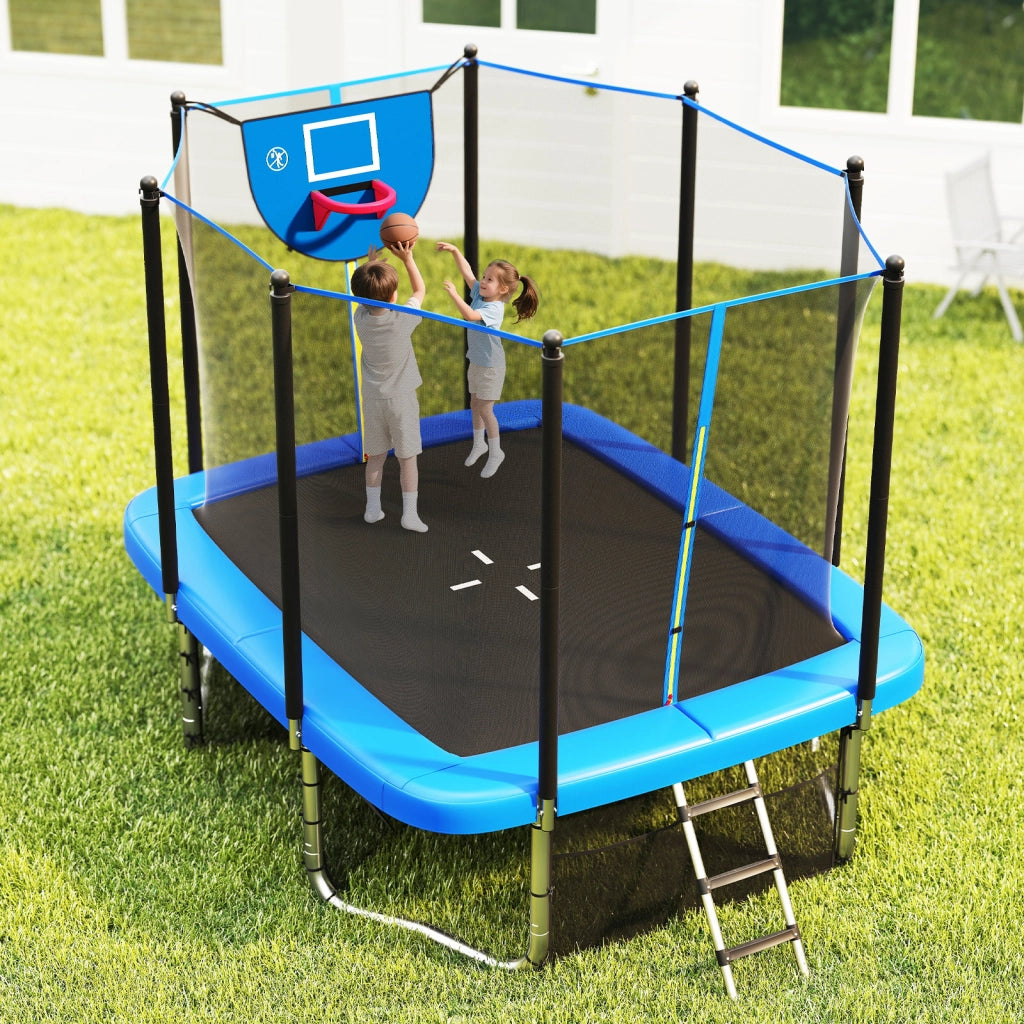 Trampolino robusto con canestro da basket porta da calcio scala antiscivolo, Trampolino rettangolare per esterno per bambini Blu