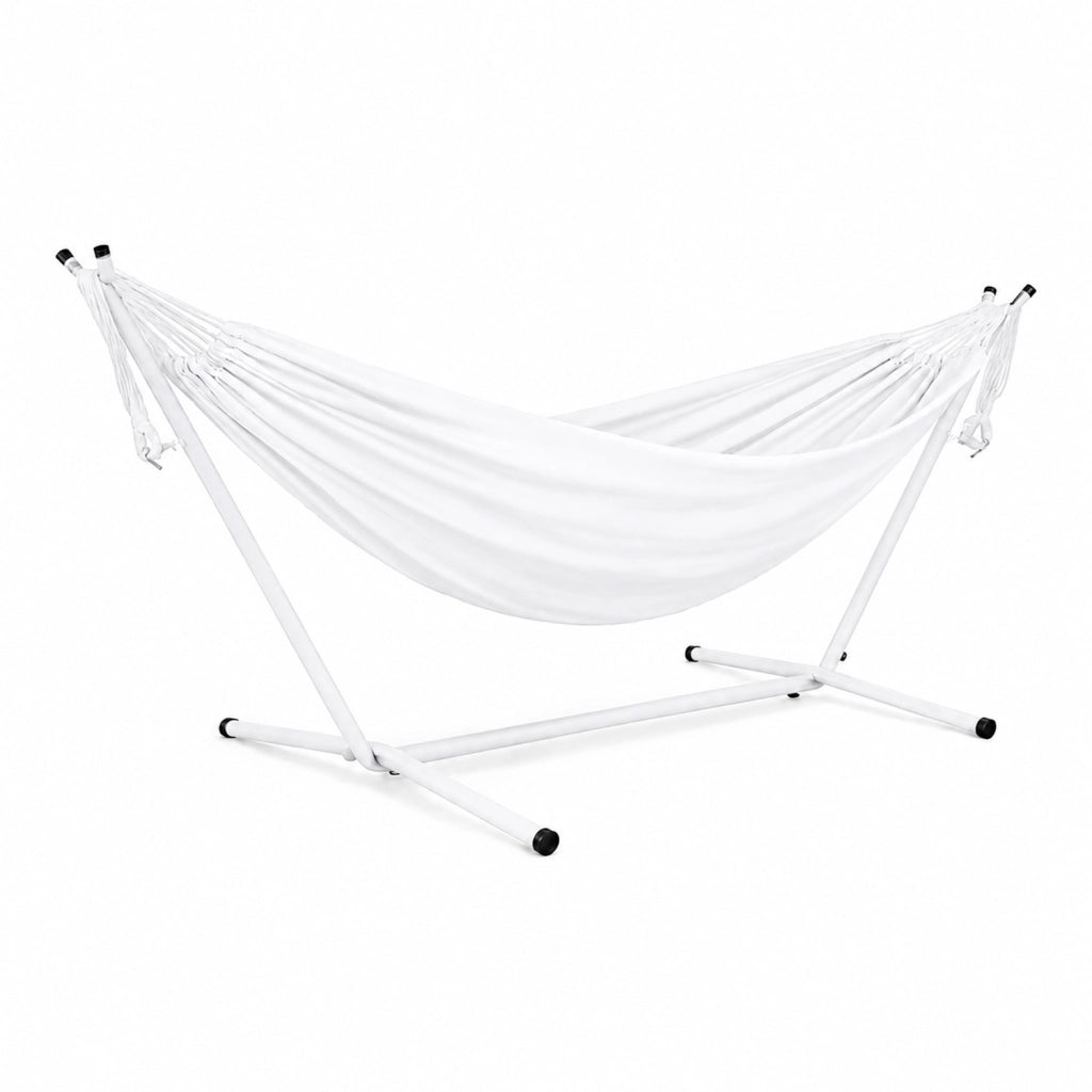 Amaca Da Giardino Con Telaio In Acciaio Portata 200 Kg Altezza Regolabile Telo Cotone Resistente Per Terrazzo Piscina Balcone Esterno Con Borsa 265 x 110 x 100 Cm Bianco