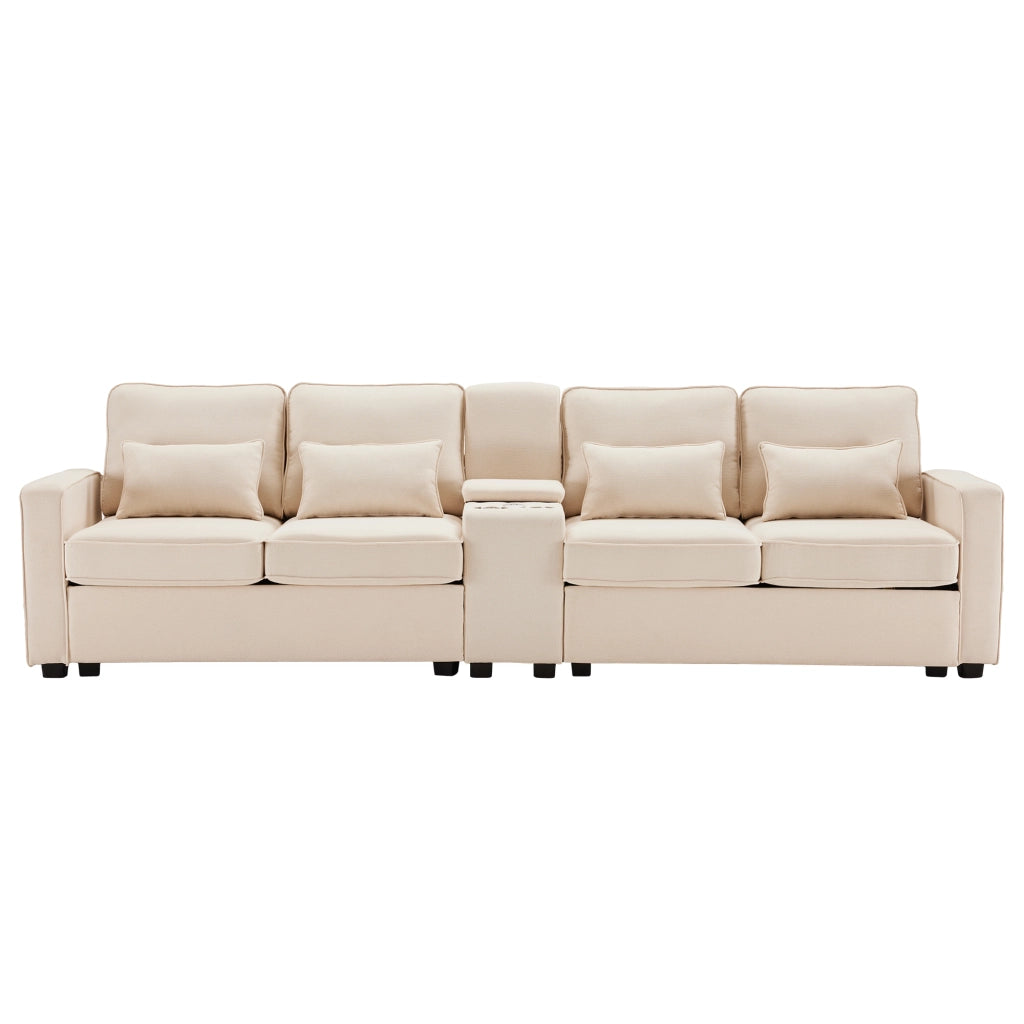 Sofa moderno 4 posti - Zephmum- Tessuto lino con console, porta bevande, USB, tasche braccioli