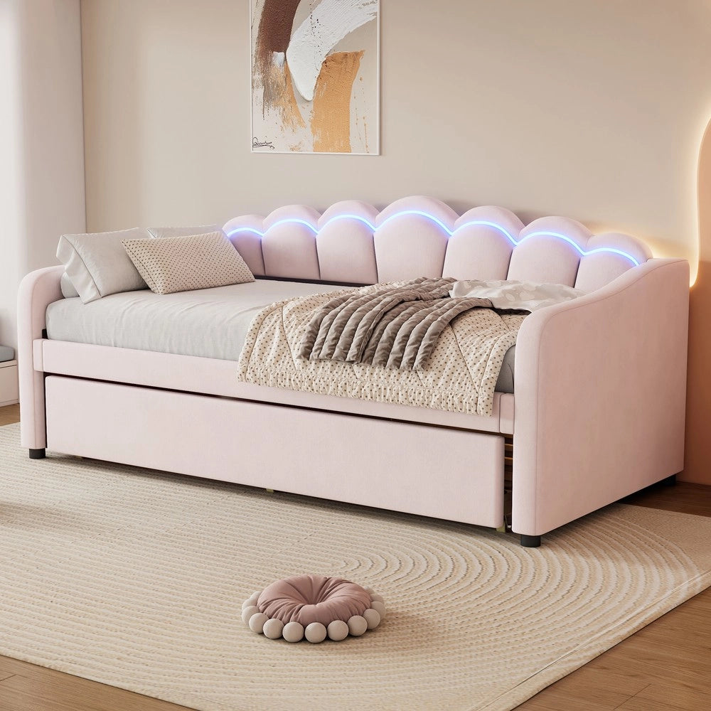 Letto Singolo Imbottito con LED ¨C MINIMAL ¨C Velluto Rosa 90x200