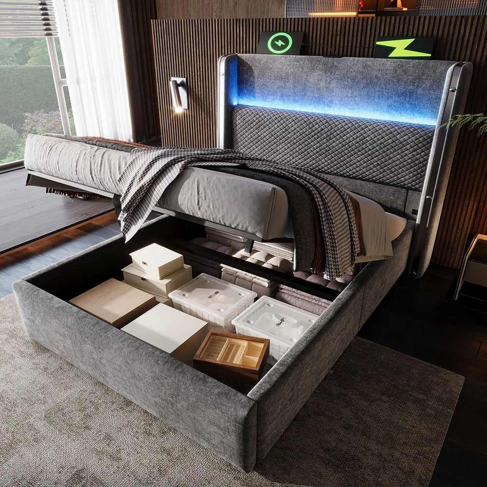 Letto 90x200cm?- Xylo - idraulico LED USB lino grigio