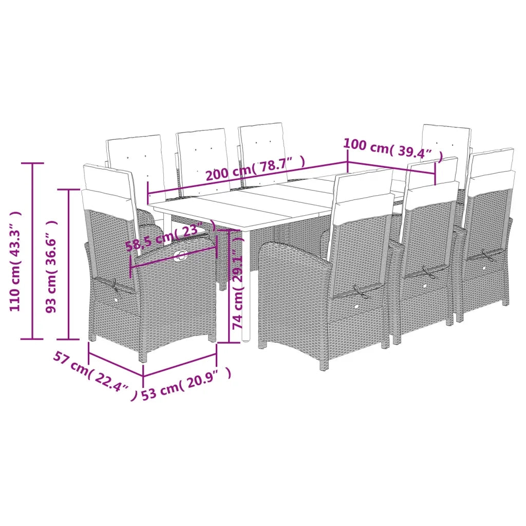 Set da Pranzo da Giardino 9 pz con Cuscini Nero in Polyrattan 3212328