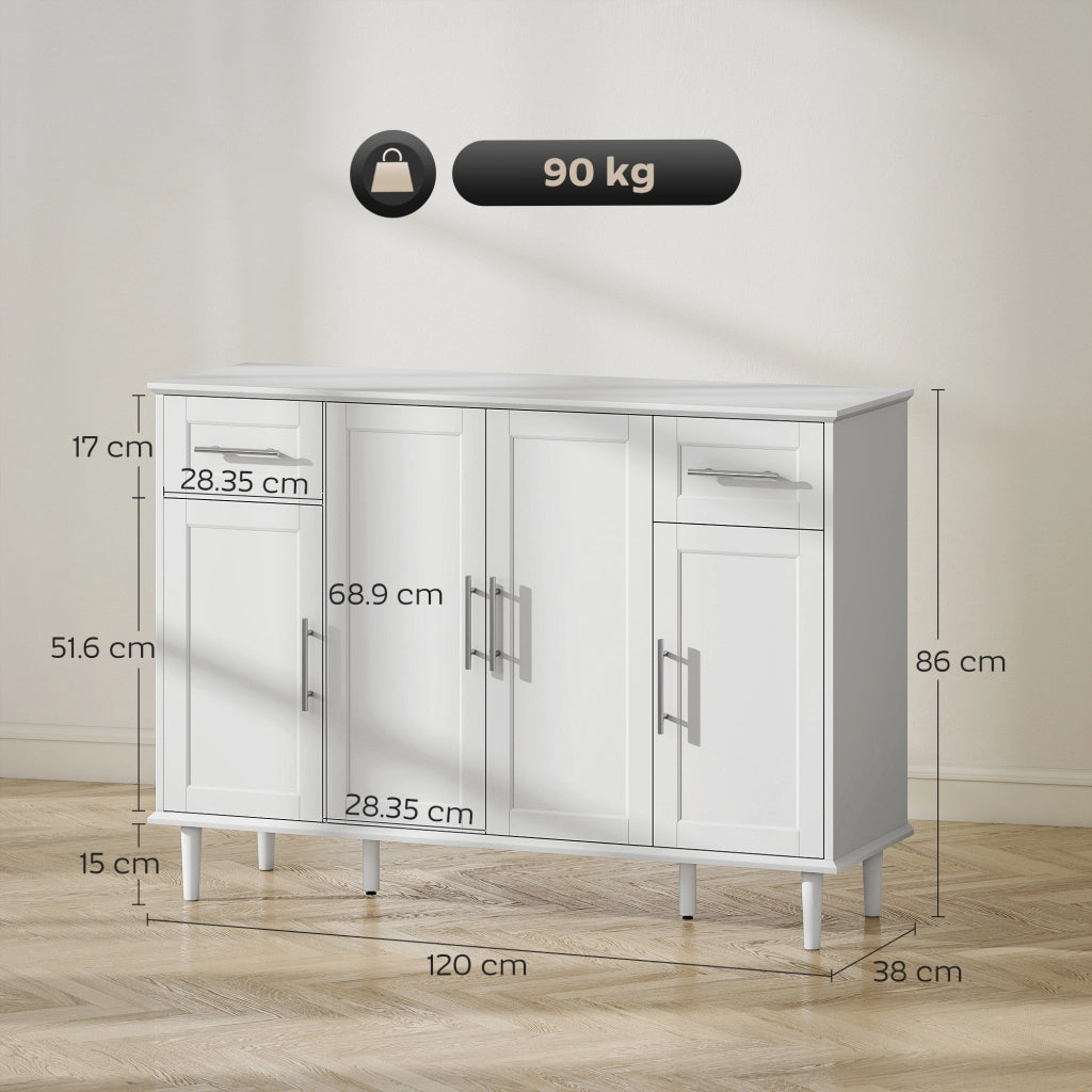 Credenza Buffet Elegante con 2 Cassetti e 3 Armadietti con Ripiani Regolabili, in Legno, 120x38x86 cm, Bianco