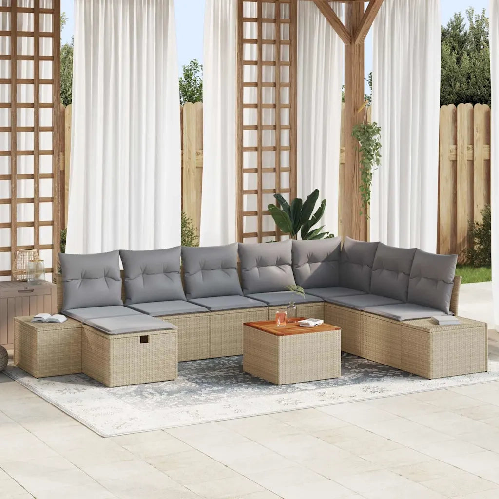 Set Divano da Giardino con cuscino 9 pcs Beige polyrattan