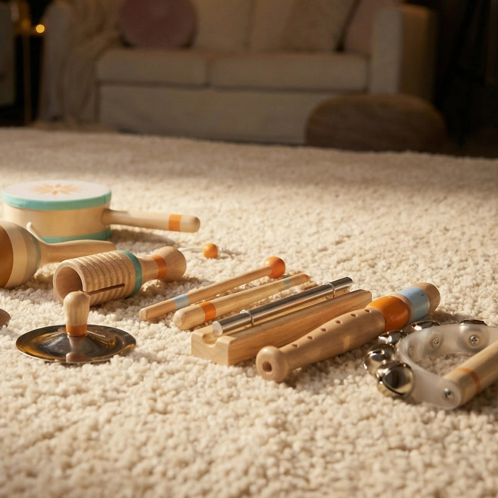 Strumenti Musicali per Bambini Set Percussioni Montessori in Legno Aracione e Celeste