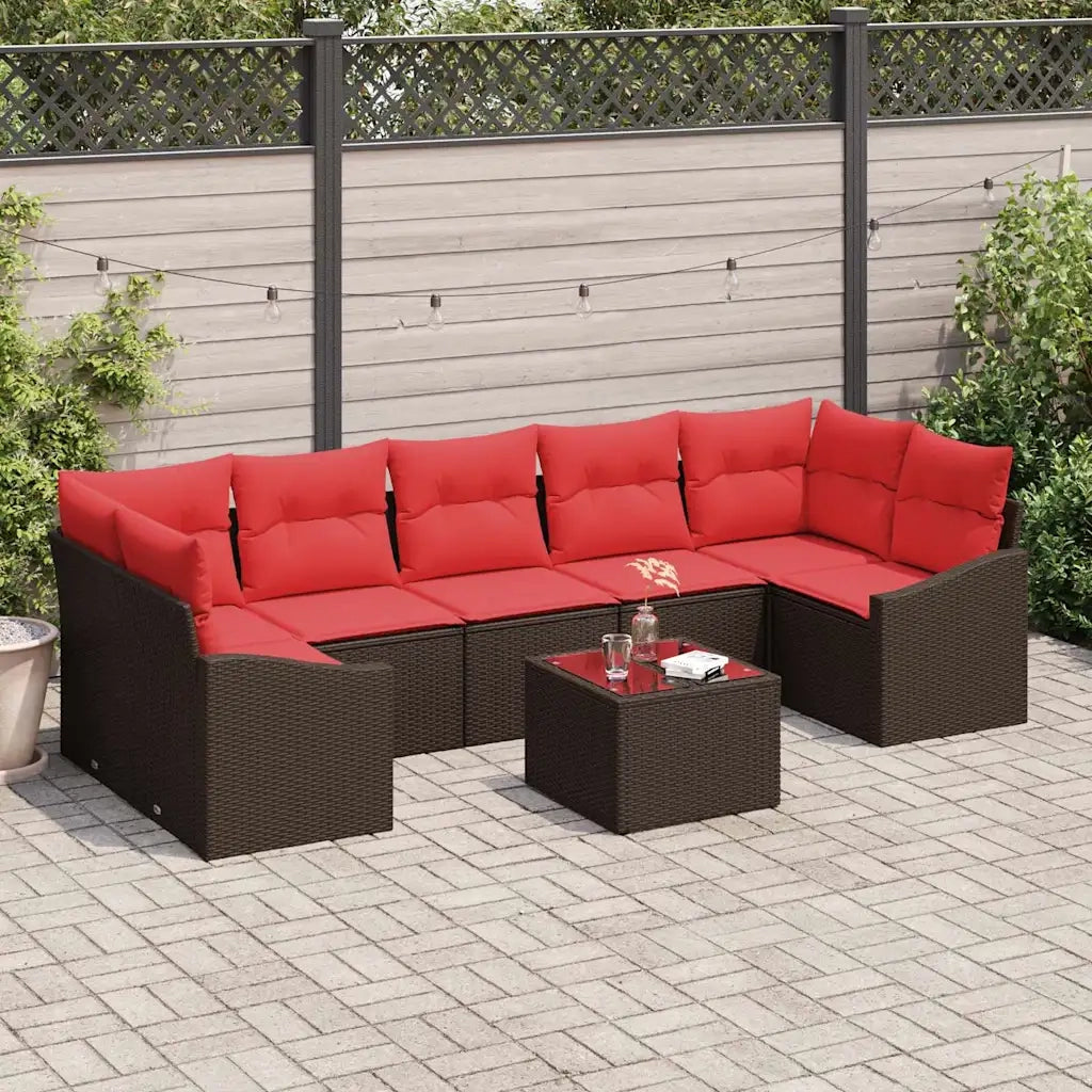 Set di divani 8 pz 7-Numero di posti Marrone e Rosso polyrattan 3346644