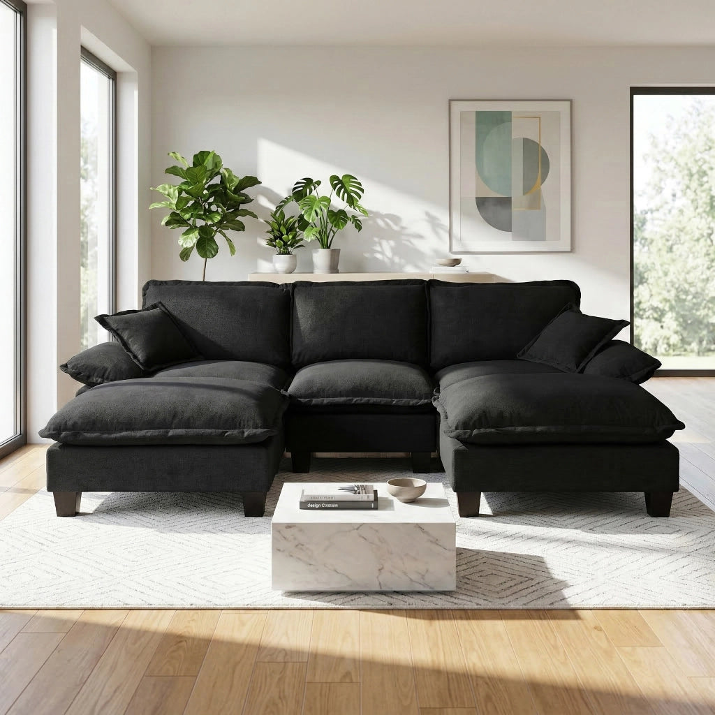Divano modulare a U con ottomane mobili e cuscini, rivestimento in chenille nero 263 × 151 × 90 cm