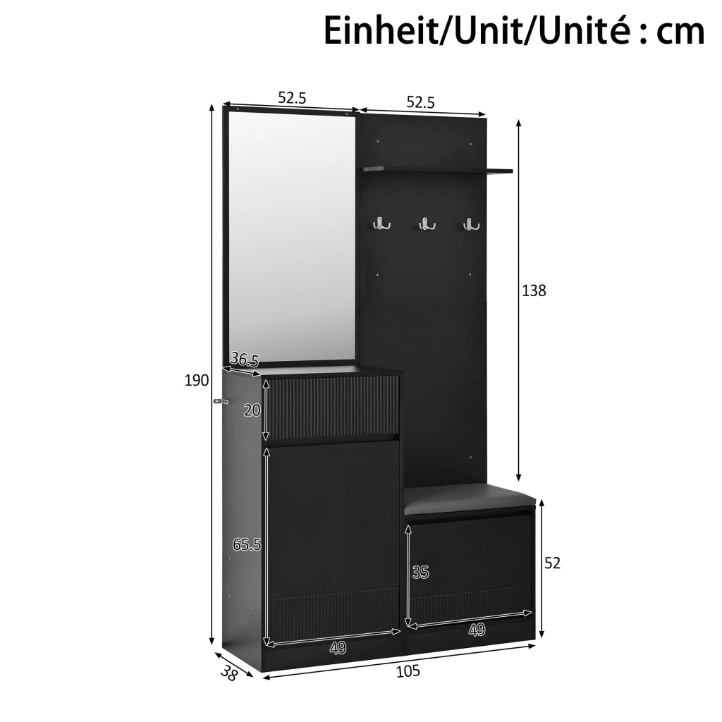ARMADIO INGRESSO con scarpiera, specchio e LED 105x38x190 cm Nero