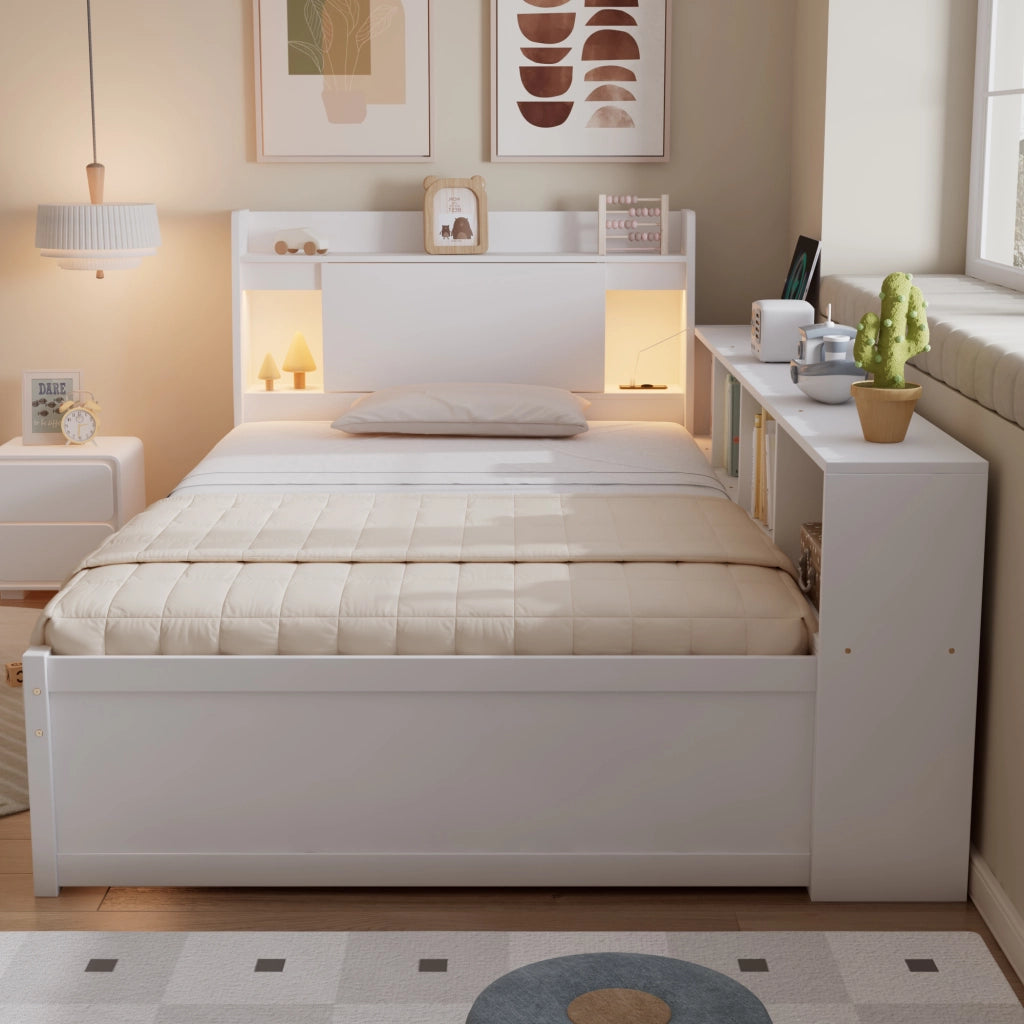 LETTO Singolo 90x200 cm Bianco con testiera, luci e cassetti