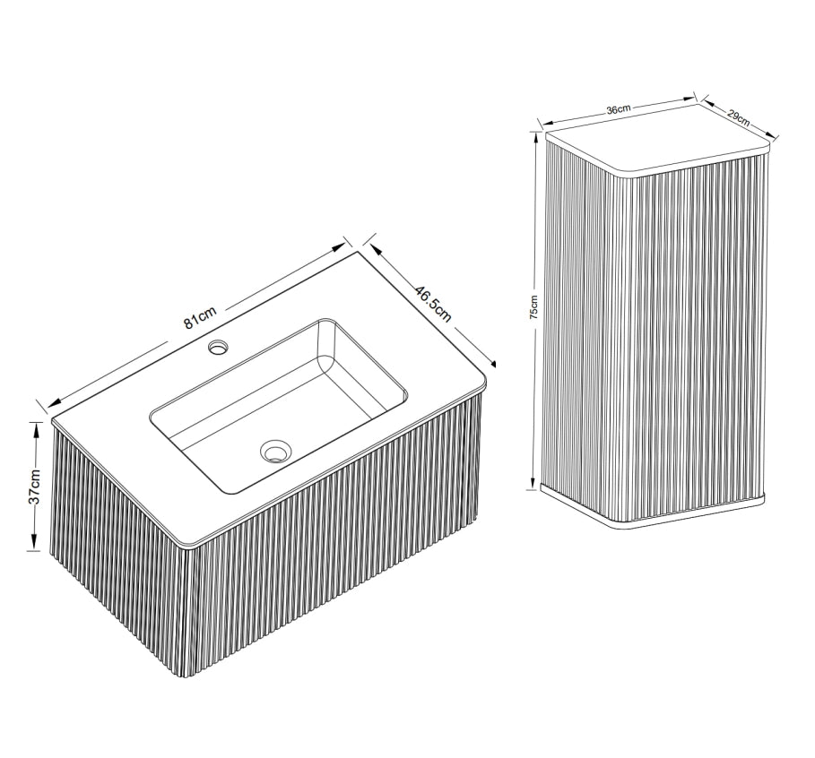 Mobile sottolavabo con lavabo e colonna bagno, con 2 elementi e vani contenitore, per bagno moderno, bianco
