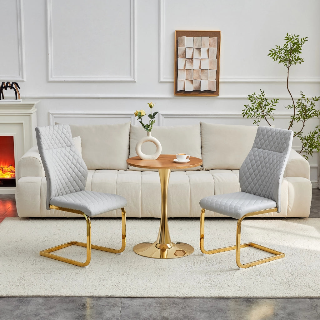 Set Tavolo Rotondo e 2 Sedie da Pranzo ¨C Xylo ¨C Piano MDF Effetto Legno, Gambe Oro, Tessuto Grigio Chiaro