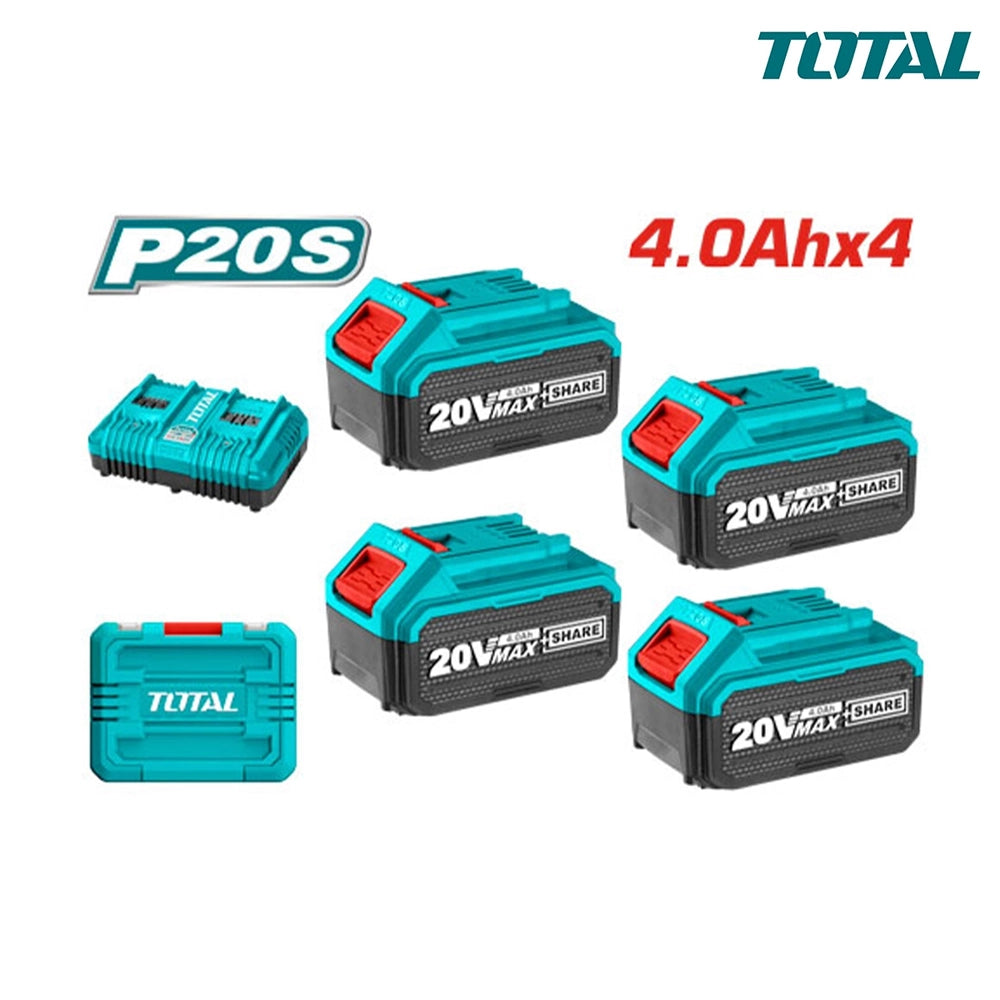 KIT SET 4PZ BATTERIE 4Ah + CARICABATTERIE RAPIDO DOPPIO P20S IONI AL LITIO TOTAL