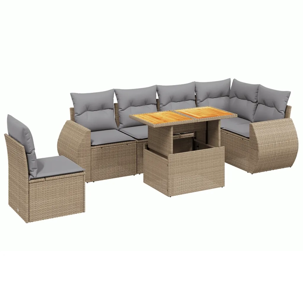 Set Divani da Giardino 7 pz con Cuscini Beige in Polyrattan