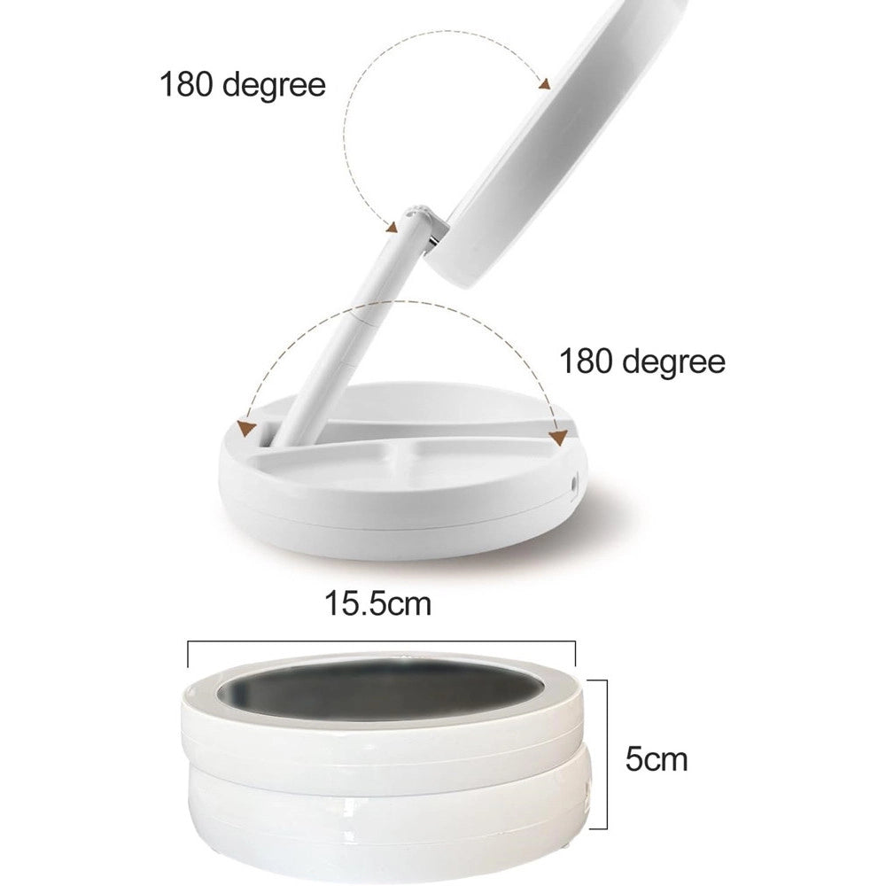 Trade Shop - Specchio Trucco Luce Led Da Tavolo Bifacciale 10x/1x 360° Contenitore Portatile Pieghevole -