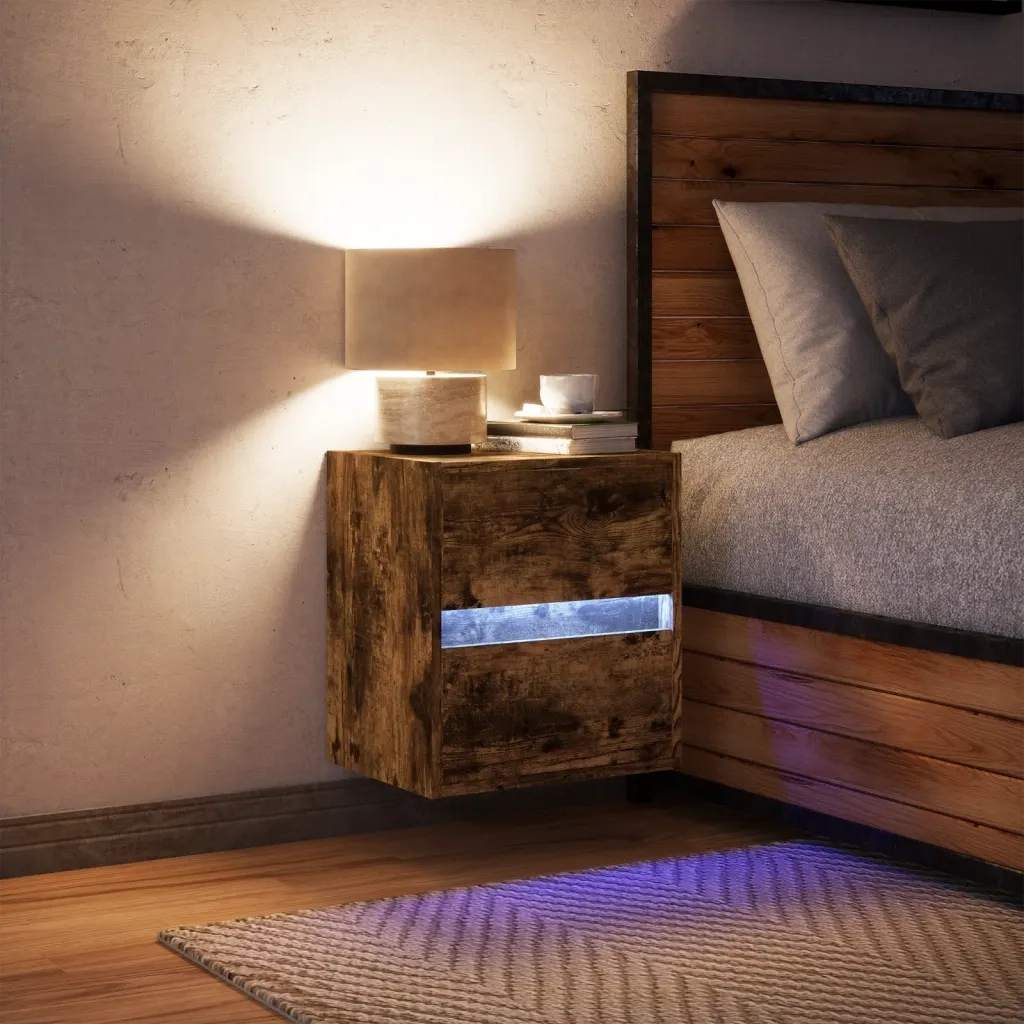 Comodino a Parete con luci LED Rovere Fumo 3307969