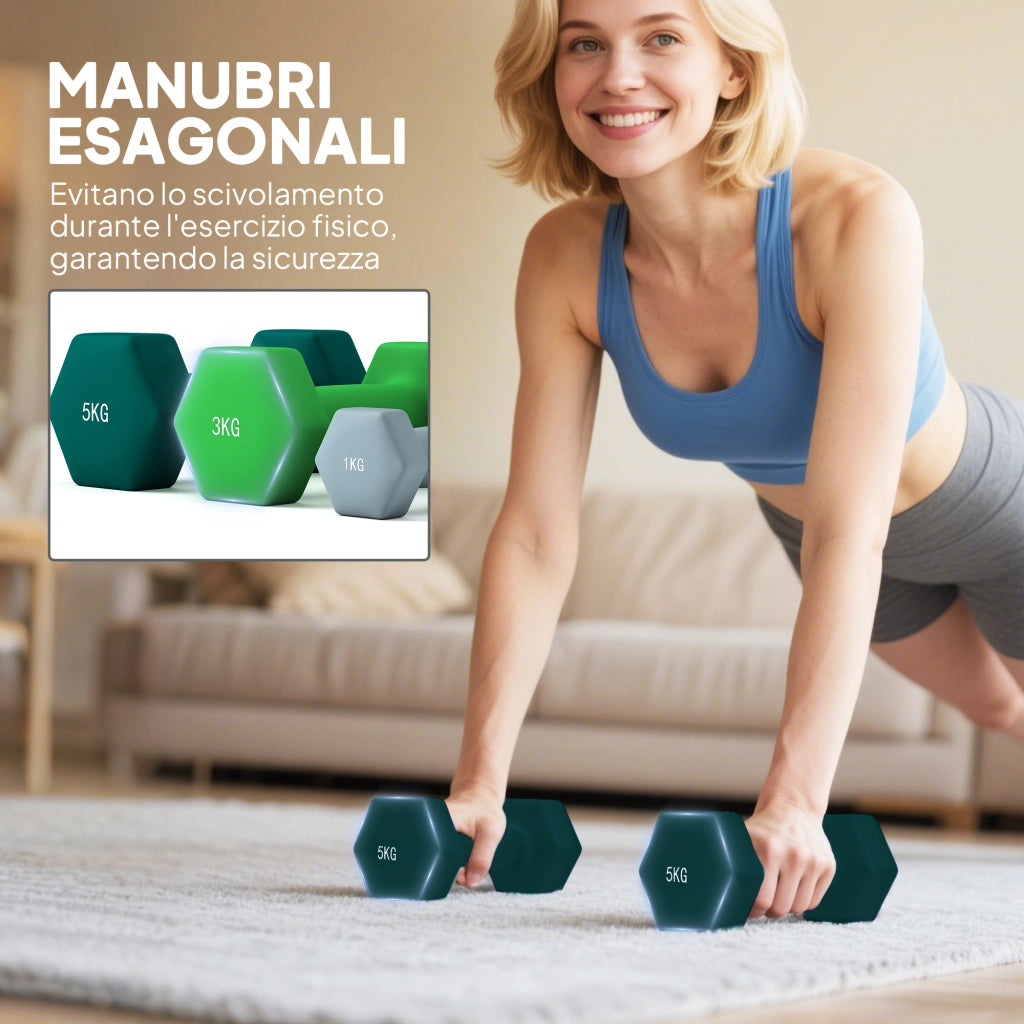 Set Manubri Esagonali 18 kg ¨C Xylo ¨C Con Supporto, Acciaio e Plastica