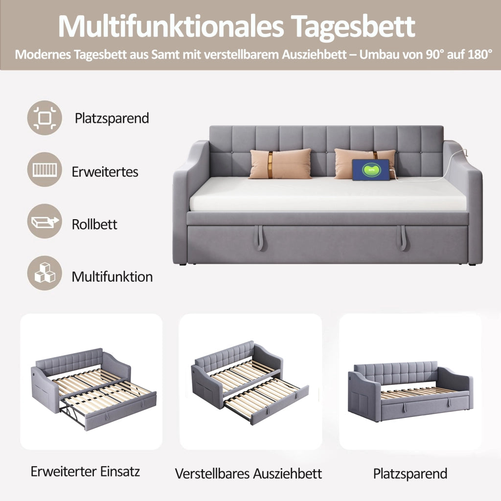 LETTO Estraibile 90x190 cm in Velluto Grigio con porte USB