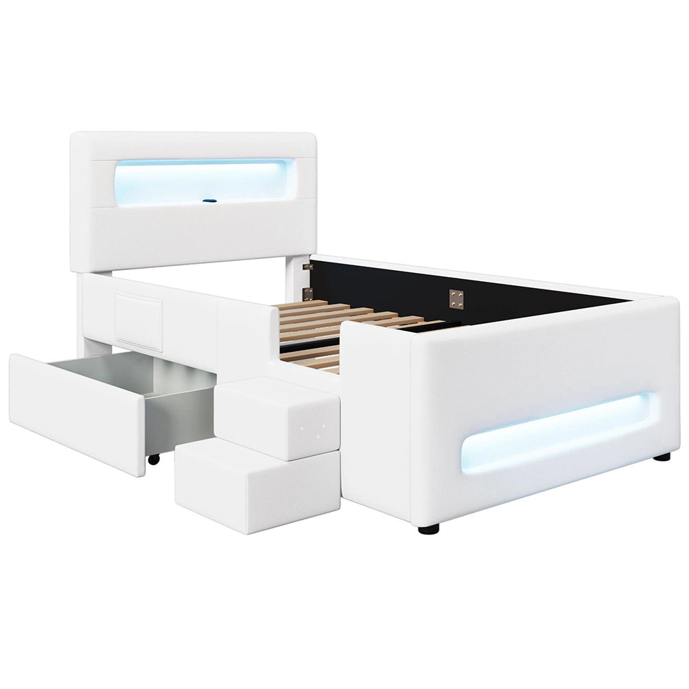 Letto imbottito 90x200cm?- Xylo - scala LED 2 cassetti bianco