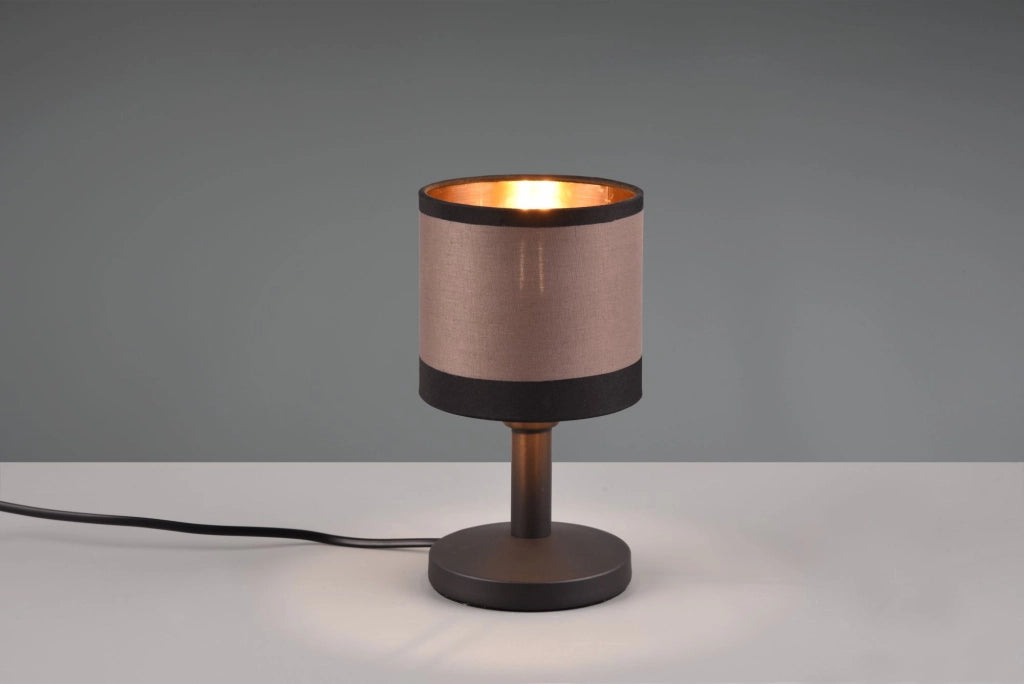 DAVOS LAMPADA DA TAVOLO METALLO NERO PARALUME TORTORA E ORO H. 22CM 1 LUCE ATTACCO E14