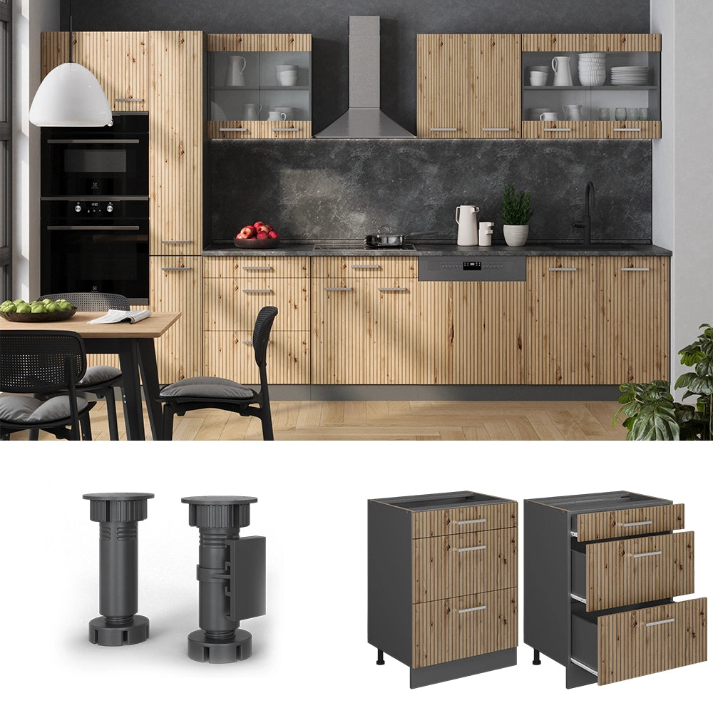 Vicco Mobiletto base per cucina Rovere artigianale 60 cm con cassetti, senza piano di lavoro