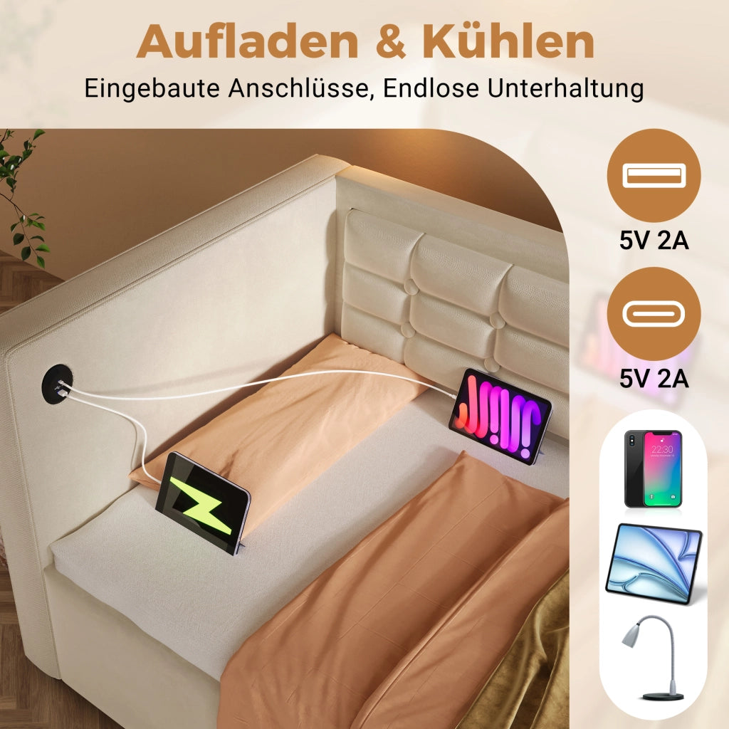 DIVANO LETTO 90x200 cm con vano contenitore, USB e Type-C Beige in velluto