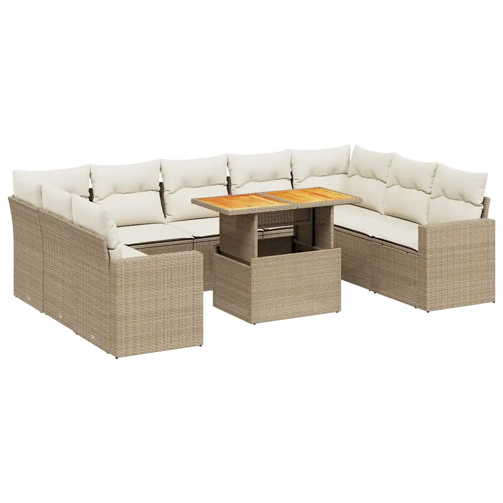 Set Divano da Giardino 10 pz con Cuscini Beige in Polyrattan