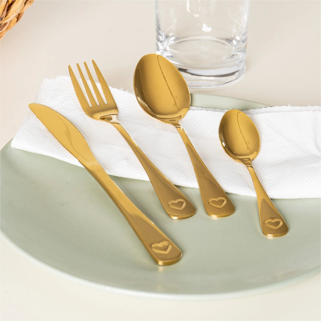 Set 24 Posate in Acciaio Inox 18/10 con Cuoricino  Servizio per 6 Persone, Lavabili in Lavastoviglie,Colore Argento o Oro Oro