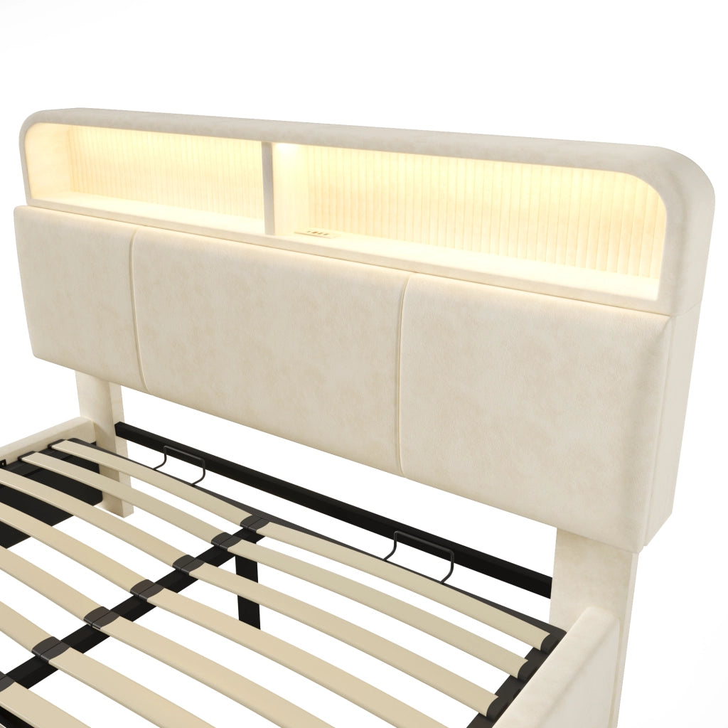 Letto contenitore imbottito 140x190 cm con testiera regolabile e vani; LED; USB; USB-C; rete a doghe; velluto beige