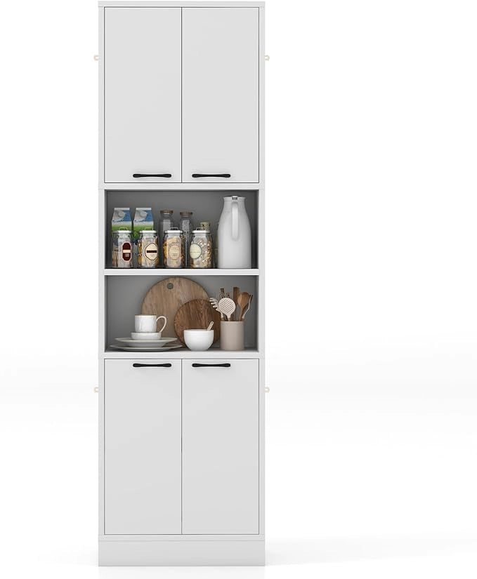 Credenza da Cucina Salvaspazio 56 x 30 x 190cm, Mobile Buffet Alto con 2 Armadi a Doppia Porta e 2 Mensole Aperte, Mobiletto Multiusuo per Soggiorno, Camera da letto e Bagno (Bianco)