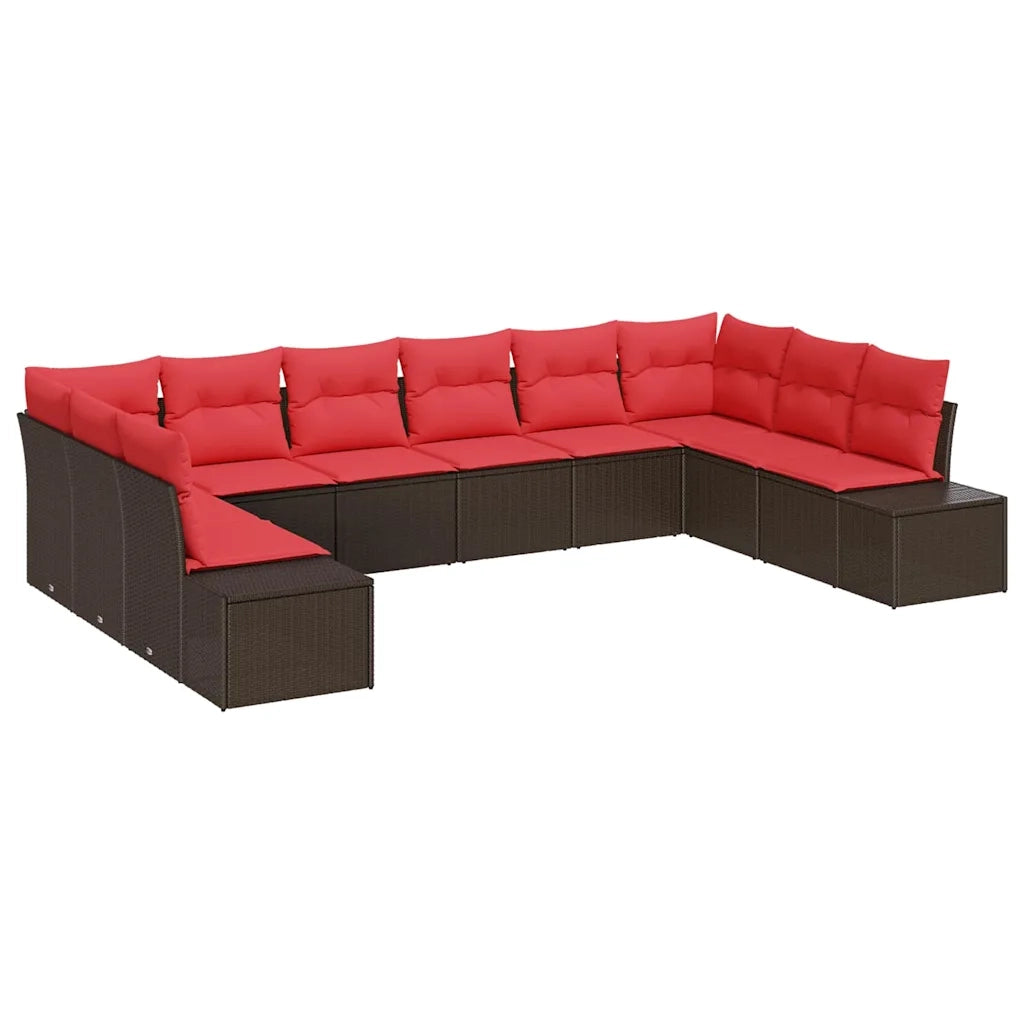 Set Divano da Giardino 10 pz 9-Numero di posti Marrone e Rosso 3355913
