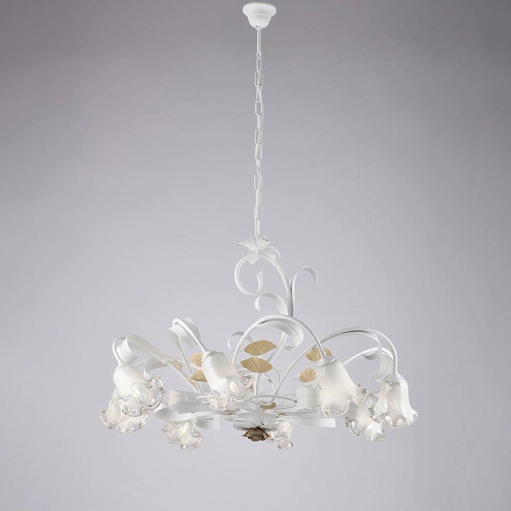 Lampadario Arte Povera Cesto Metallo Bianco E Oro 8 Luci E14