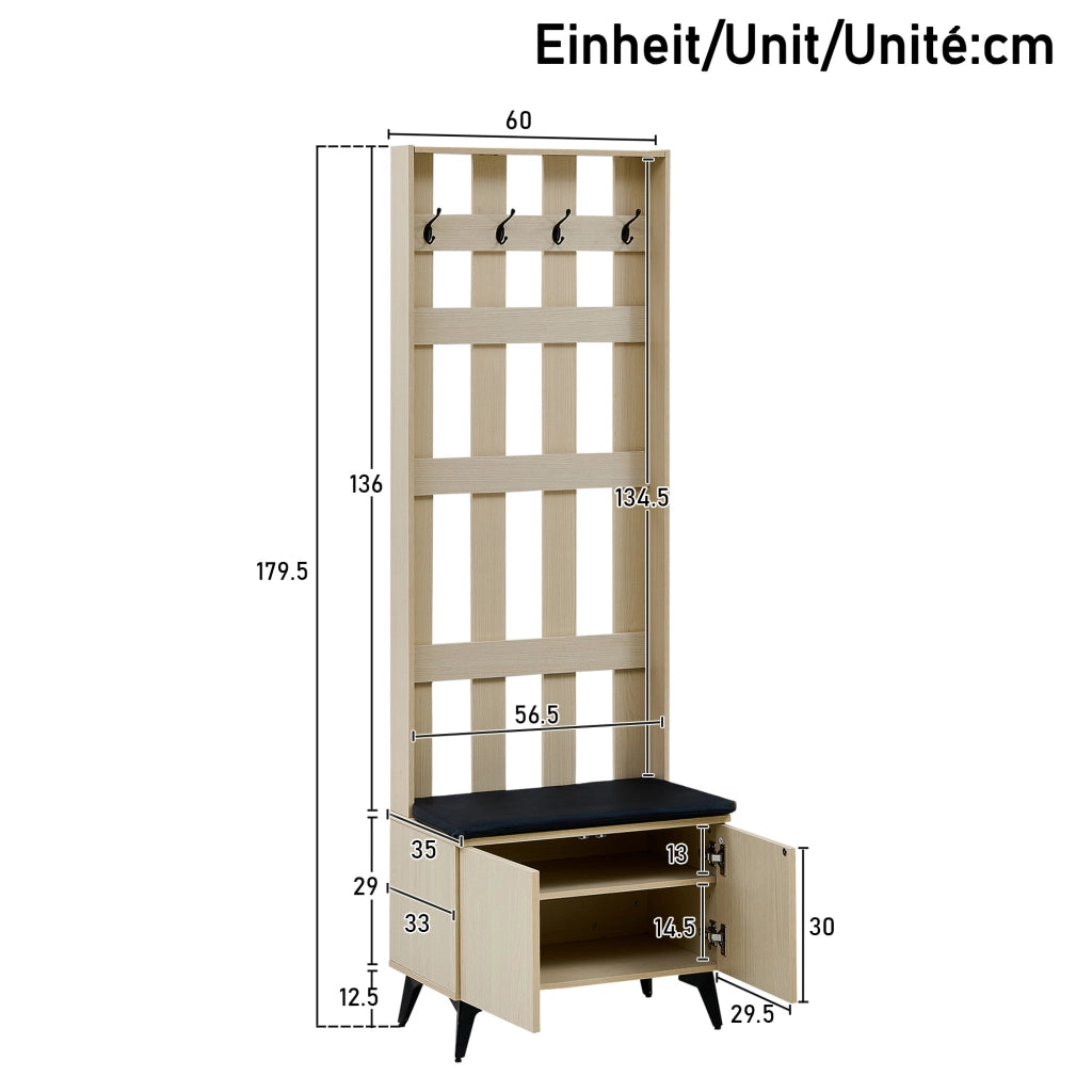 Mobile da ingresso con panca imbottita e 4 ganci; vano a 2 ante; MDF effetto legno chiaro; 60 × 35 × 179.5 cm