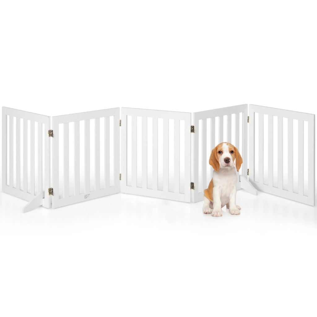 Cancello di legno pieghevole alto 60cm con 5 pannelli, Barriera per animali con cuscinetti antiscivolo Bianco