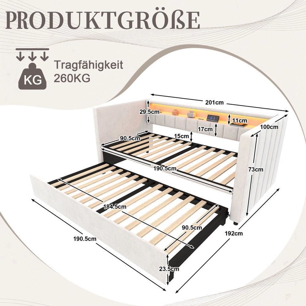 Divano Letto Contenitore 90x190 ¨C MINIMAL ¨C Velluto Beige, LED, USB