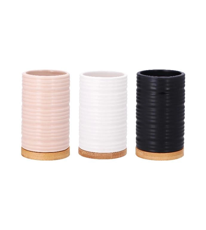1 Pezzo Bicchiere Portaspazzolini in Ceramica Righe e Bmaboo 3 Colori