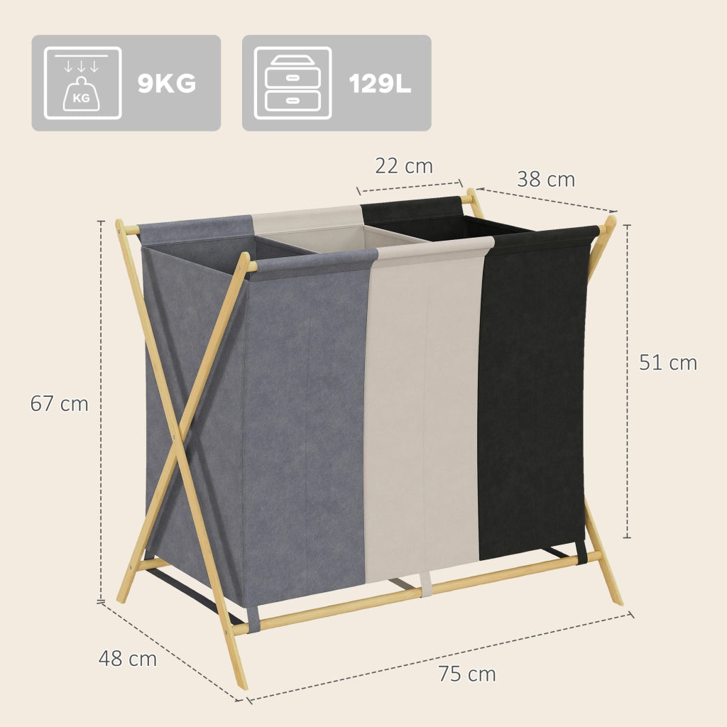 Cestino per Biancheria Pieghevole con 3 Compartimenti ¨C Minimal ¨C Bamb¨´ 129L