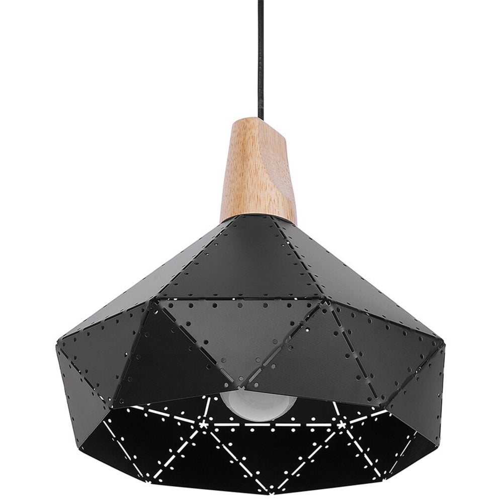 Lampada a Sospensione Colore Nero Metallo Quercia Elemento Legno Forma Geometrica Moderna