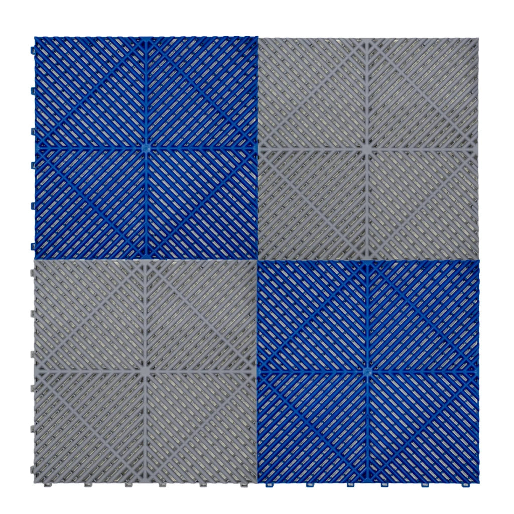 Piastrelle ventilate grigie e blu 3,2m x 6m per garage e officine, antiscivolo.