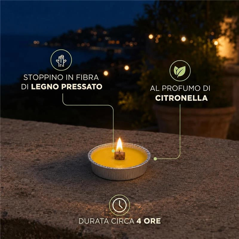 SET 30 FIACCOLE ALLA CITRONELLA IN ALLUMINIO Ø11 CM – STOPPINO ANTIVENTO, DURATA 4 ORE