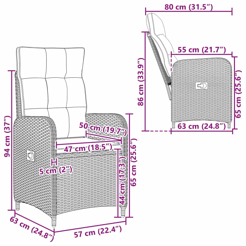 Sedia da Giardino | Sedie da Esterno reclinabile Nero polyrattan