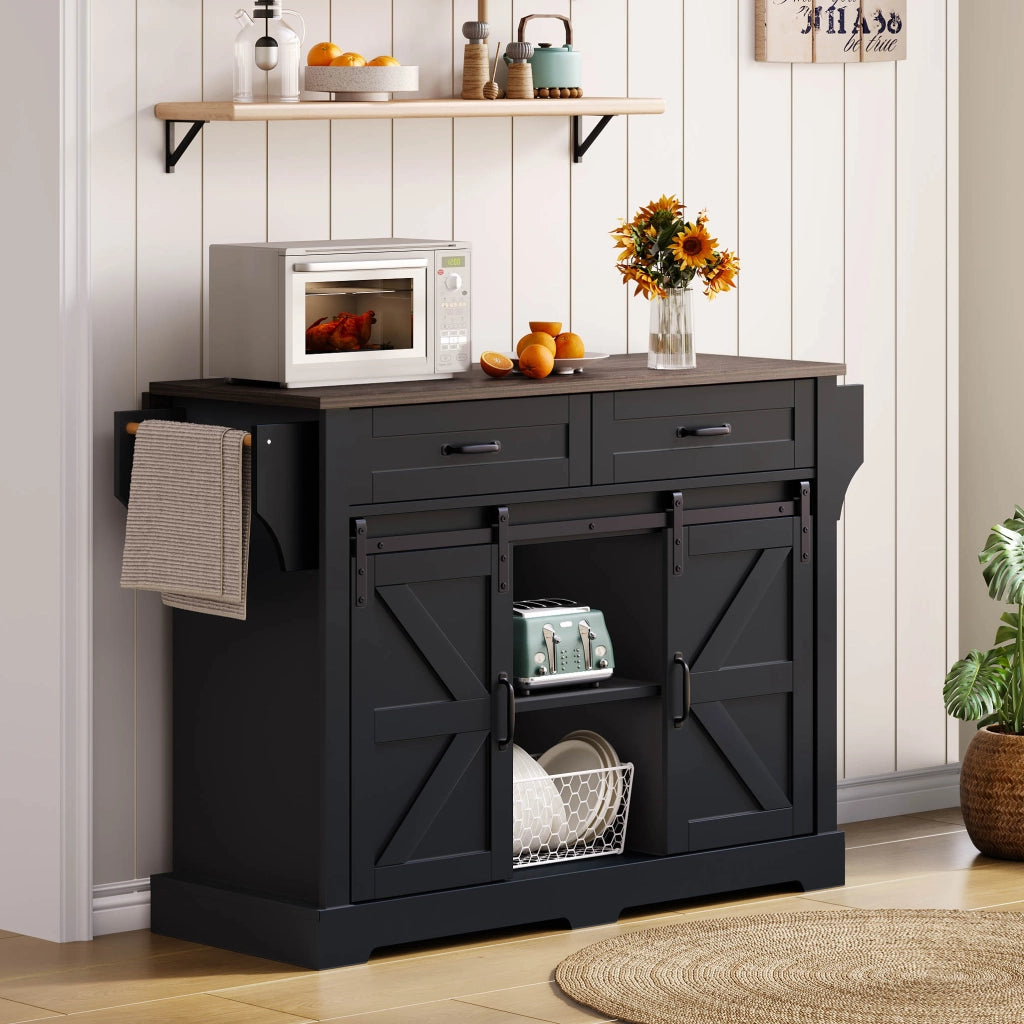 Isola cucina in MDF nero con piano ribaltabile, 2 ante scorrevoli, 2 cassetti e ruote