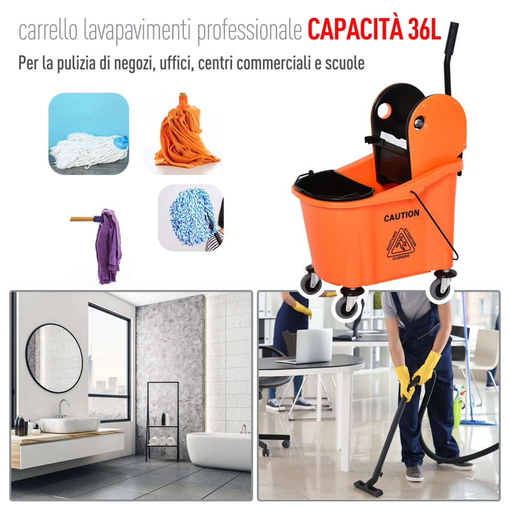 Carrello Lavapavimenti con Secchi e Strizzatore ¨C Minimal ¨C Arancione e Nero, 36L
