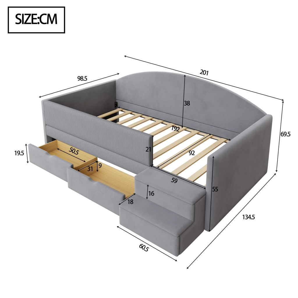 LETTO imbottito 90x190 cm in velluto grigio acqua con cassetti e scale