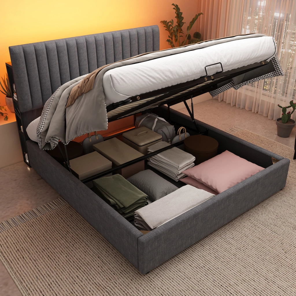 LETTO Contenitore 160x200 cm in Lino Grigio con Testiera LED USB e Type-C