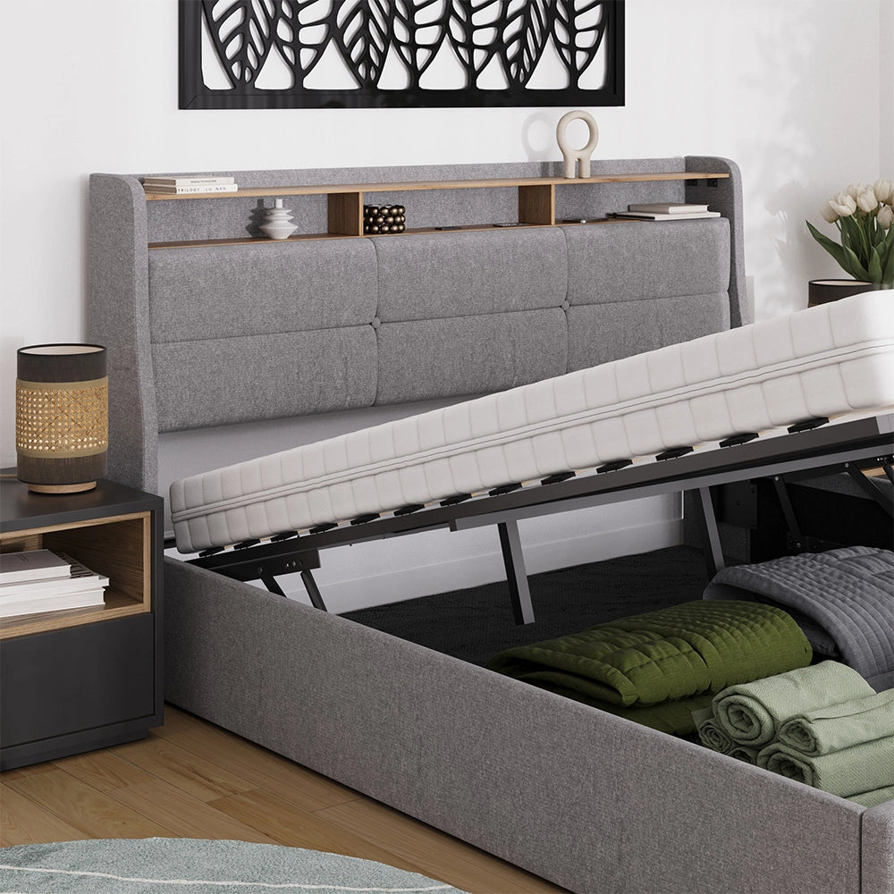Vitalispa Letto imbottito Grigio/quercia 180x200 con LED e porta USB