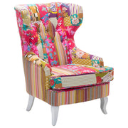 Poltrona Wingback Poltrona Patchwork Tessuto Multicolore base rosa Gambe in Legno capitonné