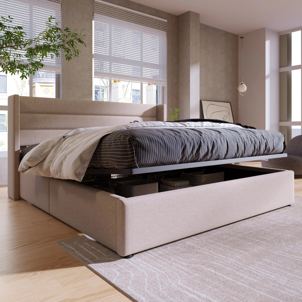 Letto matrimoniale 160x200 cm con contenitore e rete a doghe idraulica letto contenitore matrimoniale con testiera imbottita  struttura letto in legno - beige