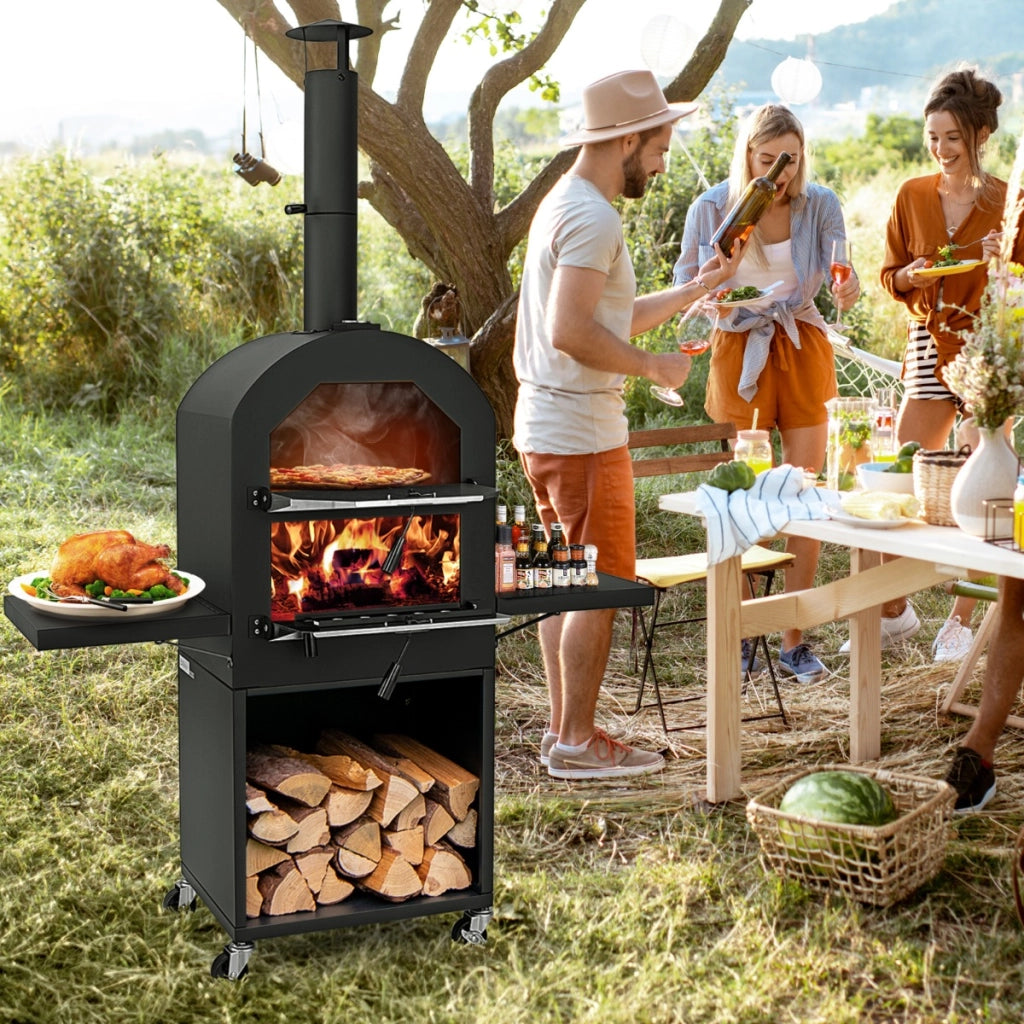 Forno portatile con ruote per BBQ termometro integrato e spazio di archiviazione, Forno per pizza con copertura protettiva Nero