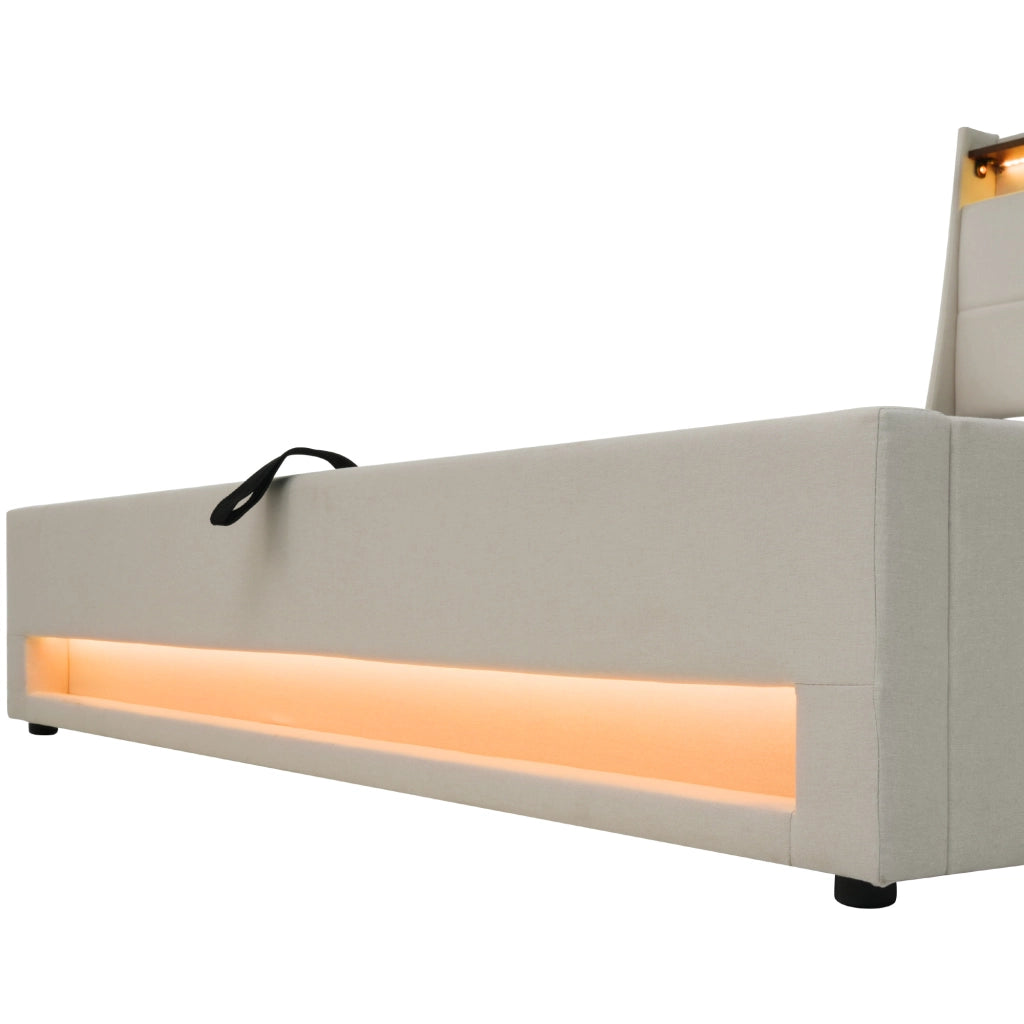 LETTO Imbottito 90x200 cm con LED e USB, tessuto lino beige, senza materasso